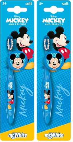 Mickey Mouse Zahnbürste mit Schutzkappe, Saugnapf, bequemem Griff und weichen Borsten für Kinder (Packung mit 2)