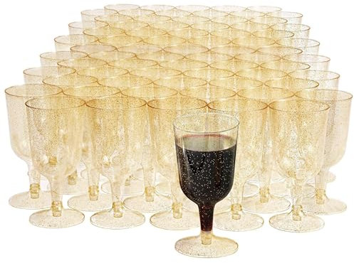 MATANA 200 Premium Weingläser aus Kunststoff mit Goldglitzer (180 ml) – Hartplastik-Weinglas, wiederverwendbare Weinbecher für Cocktails, Dessert für große Partys, Hochzeiten, Geburtstage,