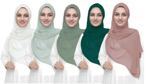 WADAINIS Hijab-Schal für Damen, muslimisch, Premium-Kopftuch, solides Chiffon, weich, leicht, mit Geschenkbox, 5 Stück, Grünes Set, Medium