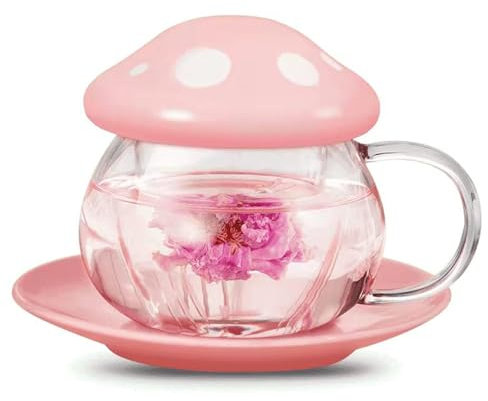 AJMDGW Taza de Setas Taza de té de Vidrio Linda con infusor y Tapa Juego de Tazas de Setas Kawaii Tetera de café con Posavasos de cerámica 11 oz