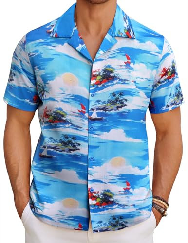 COOFANDY Hawaiian Shirt for Men Short Sleeve Casual Shirts Funky Summer Beach Party Holiday Aloha Shirt Blue Tropical Shirts Regular Fit Sea View XL