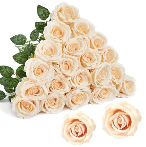 EnixwH 12Pcs Rosen Künstliche Blumen Kunstblumen Deko, 52 cm Realistische Langstielige Künstliche Rosen Seide Kunstrose für Hochzeitsdeko Brautsträuß Heiratsantrag Geburtstag Decor (Champagnerfarbe)