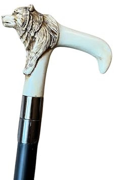 MIMIKRY Gehstock mit Wolf-Griff schwere Ausführung Schwarz/Beige 89 cm Spazierstock