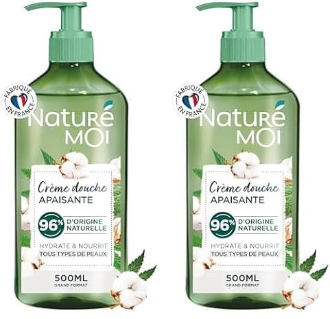 Naturé Moi - Crème Douche Apaisante - Peaux Sensibles - Hydrate et Nourrit - Gel Douche - Fleur de Coton Bio et Chanvre du Massif Central - 96% d'Origine Naturelle - 500 ml - Fabriqué en France