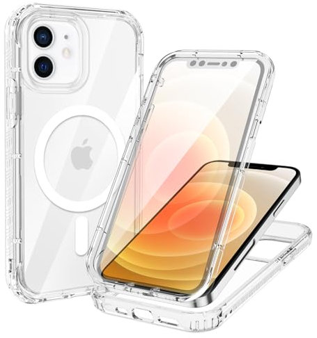 XTCASE für iPhone 12/12 Pro Hülle Magnetisch Kompatibel mit Magsafe, 360 Grad Ganzkörper Schutzhülle mit eingebauter Displayschutzfolie, Stoßfest Kratzfeste Nie Vergilbung FallSchutz, Transparent