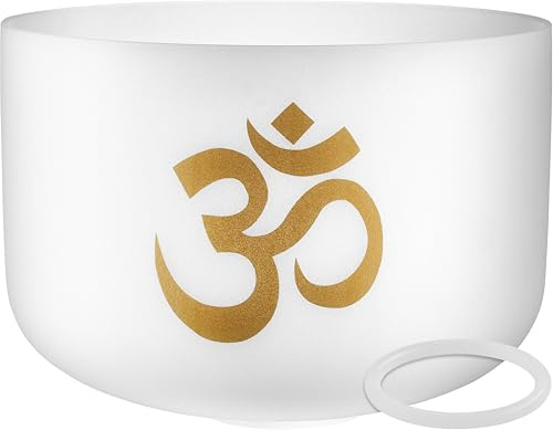 Sonic Energy 16 Om Crystal Singing Bowl (PCSB16OM) | Ton C#3, 136,10 Hz, 40x40x29,5 cm, Om Symbol, inkl. Silikonring, Quarz (white-frosted)