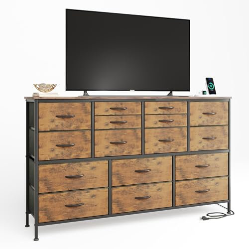 CAIYUN Chest of Drawers Bedroom, Contains 2 AC Ports & 2 USB, Bedroom Cabinet, 16 Storage Fabric Drawers Dresser for Bedroom, TV Stand Dresser with Steel Frame and Wood Top, Rustic Brown