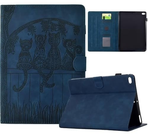 Vaitasy Custodia per iPad 9.7 2018/2017 iPad Air 2/ iPad Air 1 Modello di gatto carino Pelle PU con Supporto Funzione Folio Custodia per iPad 9.7 6/5 Generation Blu