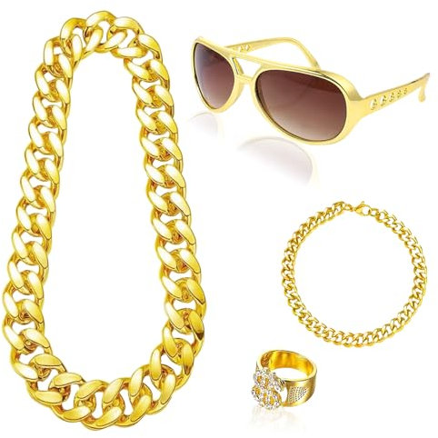 Lot de 4 costumes de proxénètes - Ensemble d'accessoires hip hop avec collier doré - Symbole dollar - Bague rétro - Lunettes de soleil - Bracelet doré - Costume pour rappeur, femme, homme, carnaval