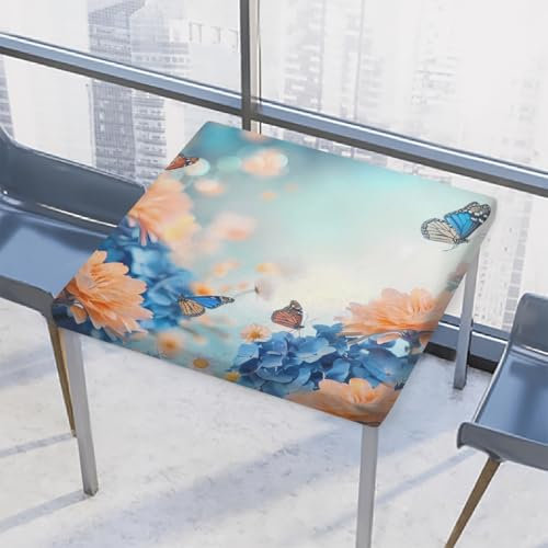 Mexpekil Blue Hydrangeas Orange Daisy Flower Butterfly Square Tablecloth with Elastic Edgs, Waterproof Fitted Table Cover Cloth 86x86 cm for Dining Kitchen Table