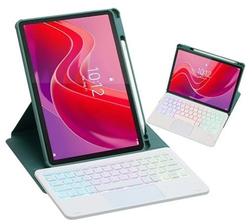 HLTOOP Custodia con Tastiera per Lenovo Tab M11 11 Pollici 2024 (TB330FU/TB330XU), Custodia Girevole A 360°, Tastiera Bluetooth Staccabile con Retroilluminazione A 7 Colori E Touchpad,Verde