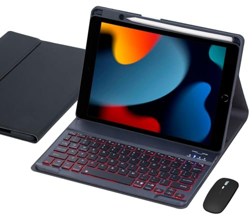 VLEAQC Keyboard Case for iPad 9th/8th/7th Generation 10.2 Inch, 7 Color Backlight Wireless Keyboard and Mouse, Protective Cover with Pencil Holder, Compatible with iPad Pro 10.5 /Air 3rd Gen (Black)