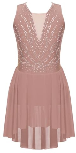 Hansber Robes De Patinage Artistique pour Enfants Filles Strass Paillettes Robe De Danse sans Manches Body Danse Patchwork Maillot Justaucorps avec Jupe en Chiffon Rose poudré 9-10 Ans