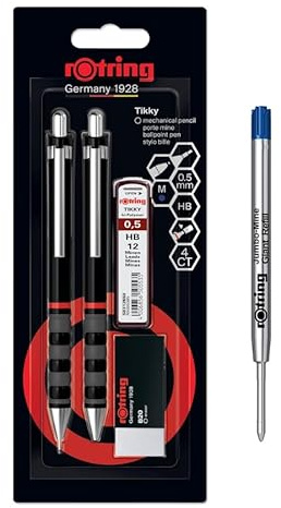 rOtring Tikky Druckbleistift, Kugelschreiber, Radiergummi und Minen Set | HB-Mine, 0,5 mm Bleistift | mittlere Spitze | schwarzer Schaft | Set mit extra Tinte
