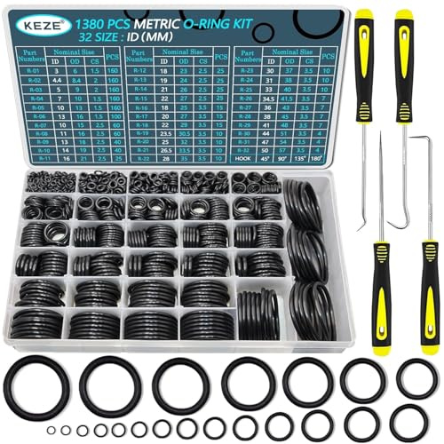KEZE 32 Größen 1380 Stück metrisches Gummi-O-Ring-Sortiment mit 4 Stück O-Ring-Entferner-Werkzeugsatz für verschiedene Wasserhähne, Sanitär, Kfz-Reparatur, Luft- oder Gasabdichtung, ID 3 mm-50 mm