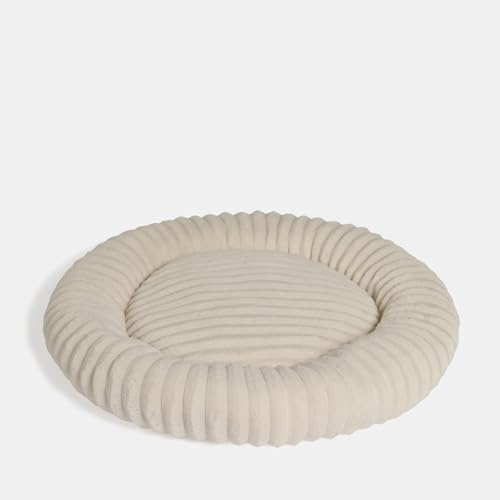 OHS Large Dog Bed, Faux Fur Ribbed Round Donut Dog Bed Ultra Soft Plush Calming Pet Beds Non-Slip Bottom Anti Anxiety Washable Cuddler Beds for Cat, Cream - 70 x 70cm