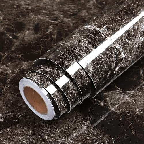 LACHEERY Marmor Klebefolie Möbel Braun Schwarz Hochglanz 40cm x 200cm Küchenfolie Arbeitsplatte Dunkel Vinyl Möbelfolie Küche Marmoriert Wasserdicht Folie für Küchenschränke Möbelaufkleber für Tisch