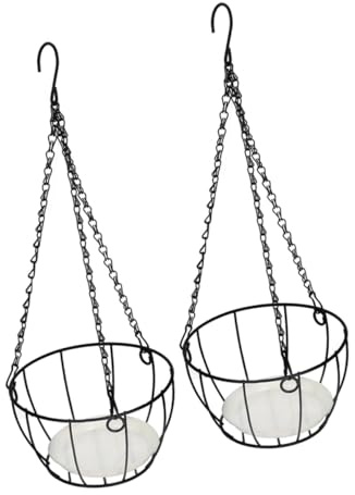 BESTonZON Juego de 2 Cestas Colgantes de Hierro Negro para Plantas, Diseño Decorativo y Optimización de Espacio Adecuado para Terraza y Jardín