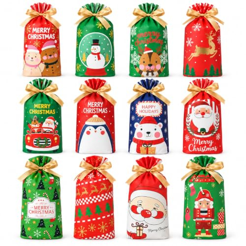 THXFUNAREA 30 Stück Geschenkbeutel Weihnachten Weihnachten Süßigkeiten - Weihnachtstüten Geschenkbeutel mit Kordelzug, Geschenktüte Geschenkverpackung Süße, für Taschen Mitgebsel 15 Stile(15x23 cm)