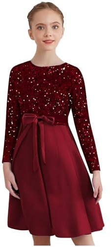 Kaerm Pailletten Kleid Mädchen Langarm Kinder A Linien Samtkleid Festliches Prinzessinenkleid Herbst Winter Partykleid Weihnachtskleid Mit Schleife