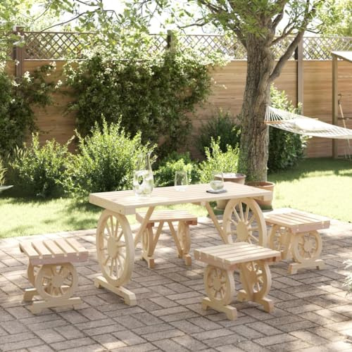 QJBSAVVA Gartentisch Set 5-TLG. aus massivem Tannenholz 115 x 55 x 65 cm Wagenrad-Design Robust und wetterfest Sitzgruppe Outdoor für Balkon Terrasse Garten