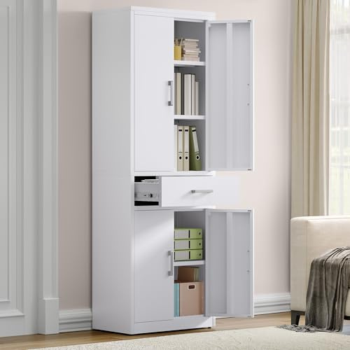 YITAHOME Aktenschrank, vertikaler Aktenschrank mit Schubladen, 3 verstellbare Einlegeböden, für Garage, Büro, 180 x 60 x 34 D, Weiß (ohne Rückwand gegen die Wand)
