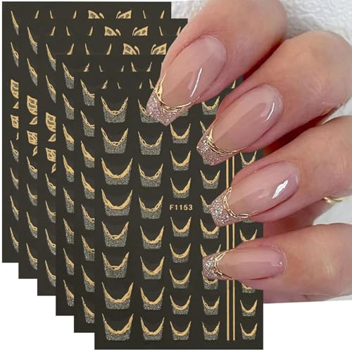 French Line Nail Art Stickers Golden Glitter French Tip Nail Decals Nail Art Supplies 6PCS Stripe Tape Wave Butterfly Nails Adhesive Sliders Manicure Sticker for Nails Women Daily DIY Nail