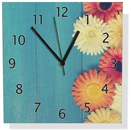 Wallario Design Wanduhr Bunte Gerbera auf Holz aus Aluverbund, Alu-Uhr Größe 30 x 30 cm, Schwarze Zeiger mit Metalloptik