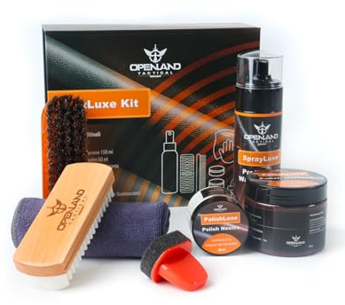 OPENLAND BOOTLUXE Kit Pulizia Anfibi Militari e Outdoor - Set 7pz: Polish Marrone/Neutro, Spray Impermeabilizzante e Spazzole per Pelle e Camoscio