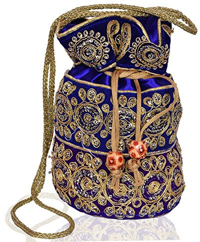 Purpledip Potli Tasche (Clutch, Kordelzug) für Frauen mit aufwendigem Goldfaden und Pailletten-Stickerei, blau, Einheitsgröße