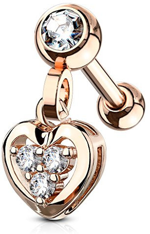 Autiga Tragus Ohr Piercing Stecker Helix Cartilage Barbell Herz Heart Zirkonia Kristalle Chirurgenstahl rosègold