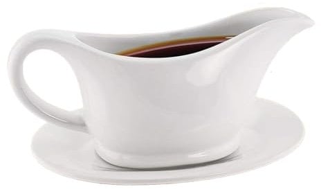 KOVOT White Elegant 12oz Ceramic Gravy Boat and Saucer Plate Set - Perfect for Gravies, Sauces, and Dressings - Microwave and Dishwasher Safe