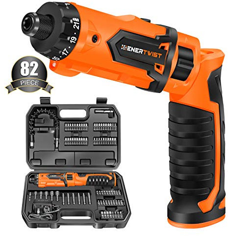 Enertwist Cordless Screwdriver, 8V Max 10Nm Electric Screwdriver Rechargeable Set with 82 Accessory Kit and Charger in Carrying Case, 21+1 Cluth, Dual Position Handle, LED Light, ET-CS-8