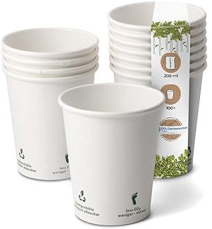 BIOZOYG 100 Stück Kaffeebecher Pappbecher 200ml / 8 oz Ø 80 mm weiß mit Umwelticons - Einwegbecher plastikfrei - Becher aus nachhaltiger Forstwirtschaft - Kaffeebecher Einweg
