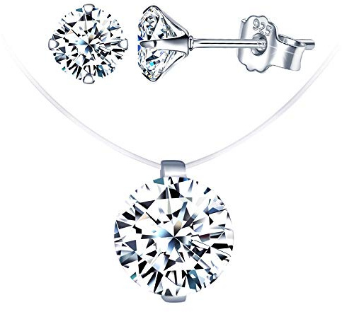 Yumilok Schmucksets aus Diamant, Halskette mit unsichtbarer Angelschnur, Choker für Damen, Ohrringe aus Diamant, aus Sterling-Silber 925, Geschenk zu Weihnachten und Geburtstag