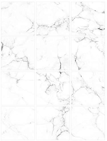 Stickers Carrelage - Effet Marbre Blanc - Dimensions d'un Sticker : 20 x 20 cm - Planche de 12 Adhésifs