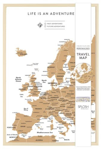 Splosh Travel Map - Europe Map Pin Board in White, Wooden Frame. Travel Map Corkboard with 100 Pins in 2 Colours to Mark Your Past and Future Adventures