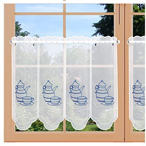 Bestickter Scheibenhänger Kurzstore Kaffeekanne in blau-weiß aus Plauener Spitze Küchendeko 45 x 48 cm