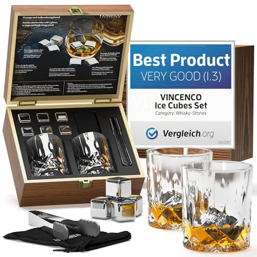 Whisky Steine Set - 6 Wiederverwendbare Edelstahl Eiswürfel + 2 Gläser, Zange | Whiskey Ice Cubes Metall Kühlsteine Bar Zubehör Cocktail Rocks Gin Stones Dekorationszubehör Geschenk Whiskysteine