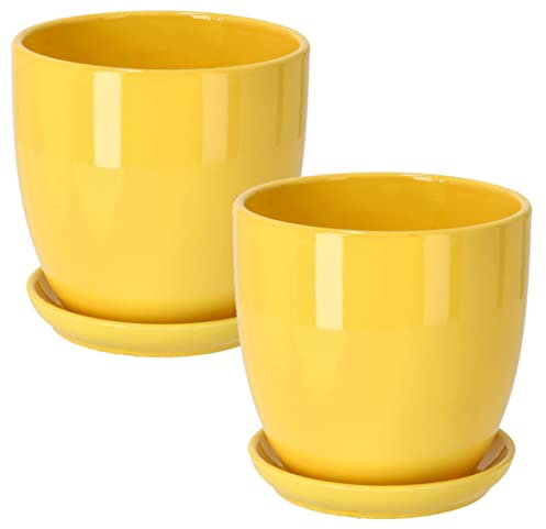 Kotarbau® - Vaso da fiori in ceramica per piante con vassoio antigoccia, diametro di 17 cm, colore giallo, set da 2