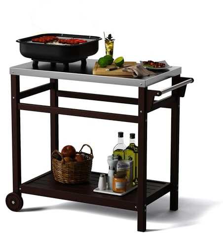 TORVA Outdoor Prep Grillwagen, 303 Edelstahl Tischplatte mit hoher Tragfähigkeit, tragbarer Grilltisch, HDPE langlebiger Rahmen, 2-stöckiger Aufbewahrungswagen, Braun