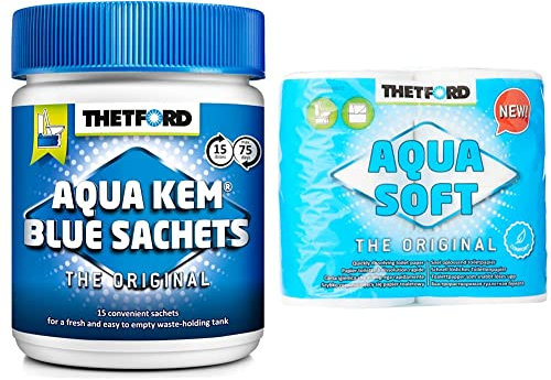 Thetford - 200413 - Aqua Kem Blue Sachets - Sachets solubles pour WC chimiques & 202240 Lot de 4 rouleaux de papier toilette, blanc