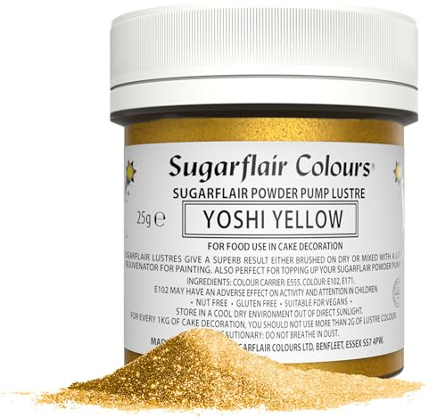 Sugarflair Yoshi Yellow Edible Glitter Dust Powder Pump Refill Tub - Food Colouring Powder, Edible Colour Dust, Brush On, Spray, or Add Rejuvenator to Create Eye-Catching Paint Effect - 25g