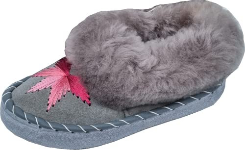 Generisch LAMMFELL Warme HAUSSCHUHE Mokassin Gr.37-38-39-40-41 NEU,Schaffell/-leder Handarbeit *Hell Grau-Rosa Bestickt* Schuhweite NORMAL (39)