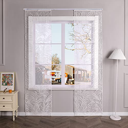 Yujiao Mao Voile Ausbrenner weiß Flächenvorhänge mit Klettband Uni einfarbig zeitlos Schiebegardinen mit Ingwerblätter Muster 2-Set,HxB 245x57cm