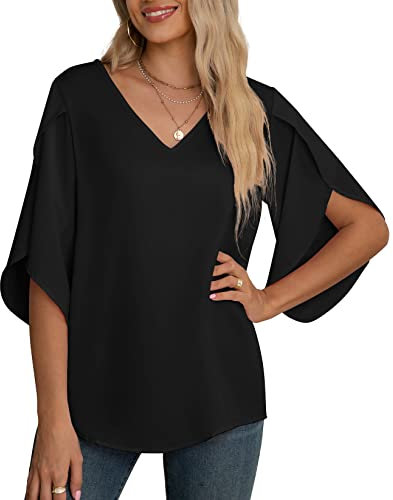 Yommay Damen Bluse Elegant V Ausschnitt Sommer T-Shirts Casual Leicht Chiffon Tunika Kurzarm Tops,Schwarz,XXL