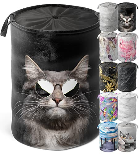 Sanilo Wäschekorb faltbar, stabiler runder Wäschesammler 60 Liter, Wäschesack mit Griffen und Abdeckung (Cool Cat)