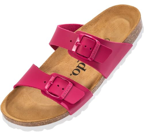 Palado Pantoletten Damen Samos - elegante Sandalen Made in Spain - bequeme Hausschuhe mit dämpfendem Kork-Fußbett - modische Sommerschuhe Matt Fuchsia UK5,5 - EU38