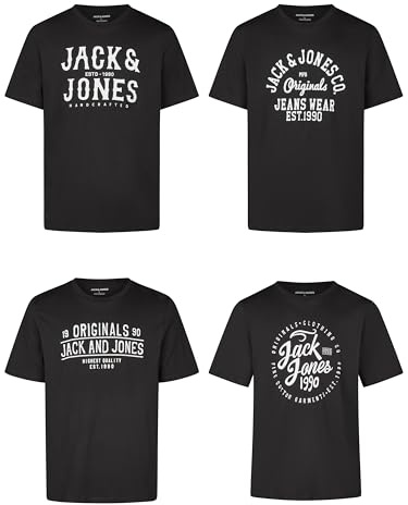 JACK & JONES Tshirt Herren Regular Fit JJLINO 4er Pack Set Pack Rundhals | Kurzarm Sommer Tee Shirt Print Schwarz Weiß Grün Rot Blau Grau S M L XL XXL 3XL