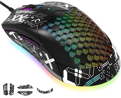 KUIYN 383 PRO M5 Ultraleichte kabelgebundene Gaming-Maus, leichte Wabenschale, Pixart PAW3325, 6 einstellbare DPI 12000, 26 RGB-atmende Mäuse mit Hintergrundbeleuchtung, 65 g, optische USB-Mäuse Model